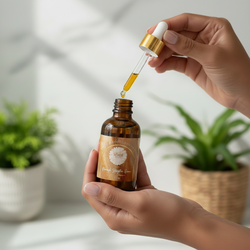 Hands opening Earth & Root Growth Oil with golden hue